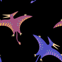 pink and blue pterodactyl seamless pattern with green leaves on pink background © Liudmila