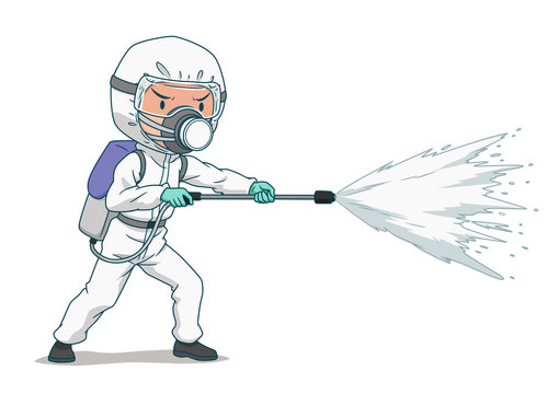 Cartoon character of disinfectant worker wearing protective mask and clothes, spraying coronavirus or covid-19.