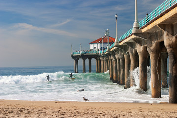 Beautiful scene of Manhattan Beach Pier in California with the beach and surfers. © Kari
