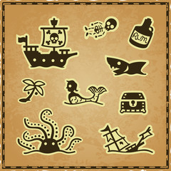 Vector set of pirate map icons on a worn parchment paper background with a frame. Includes a hidden treasure sign, a snake, a crab, a pirate in a boat, a turtle, a canon, a galleon, a raft with sail a