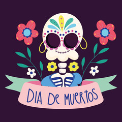 day of the dead, female skeleton with earrings flowers traditional mexican celebration
