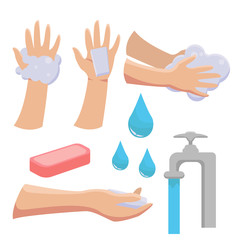 Vector illustration pack bundle personal hygiene, disease prevention, and educational education, soap, water faucets, hand washing, running water.