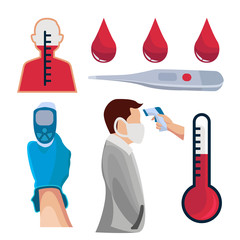 Vector illustration pack bundle temperature, blood, Infrared Thermometer laser thermometer shoot measuring heat of human body temperature.