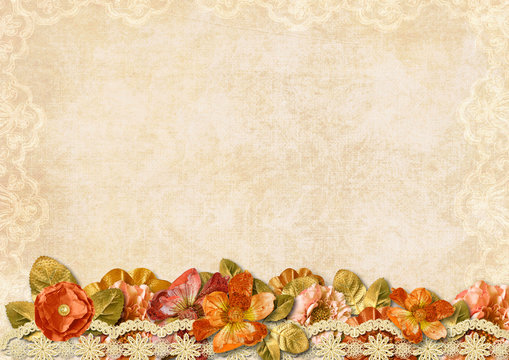 Vintage background with a border of handmade flowers