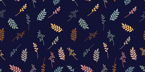 Seamless vector pattern with branches and leaves. Natural elements texture on a dark background