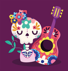 day of the dead, skeleton with guitar and flowers decoration traditional celebration mexican