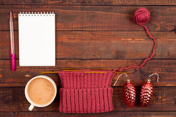 Flatlay background with knitting, coffee and a copyspace