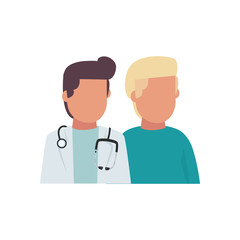 Fototapeta premium Man doctor with stethoscope and pacient flat style icon vector design