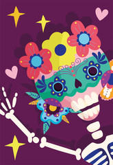 day of the dead, skeleton flowers mask decoration traditional celebration mexican