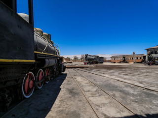 Baquedano, Antofagasta / Chile; 03/18/2019: abandoned train museum in the middle of the desert