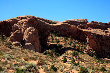 Moab, Utah / USA - August 18, 2015: Rock formation and landscape at Arches National Park, Moab, Utah, USA
