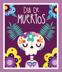 day of the dead, skeleton flowers branches decoration traditional celebration mexican poster