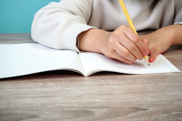 Kid writing something in notebook. Class, study, memo, learning,...
