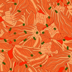 Korean food Kimchi seamless pattern background. Traditional Korean side dish of salted and fermented vegetables. Hand drawn vector illustration. Great for menu, wallpaper, card, fabric design.