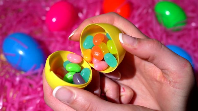 This POV video shows anonymous female hands opening a colorful easter eggs and finding jelly beans candy inside.
