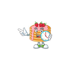 Strawberry cream pancake mascot design concept holding a circle clock