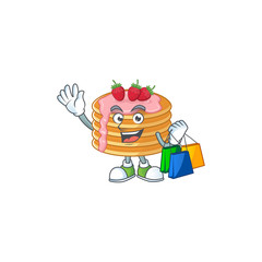 Cartoon character concept of rich strawberry cream pancake with shopping bags