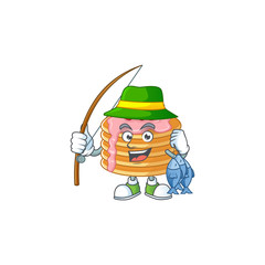A Picture of strawberry cream pancake fisher mascot design catch a fish