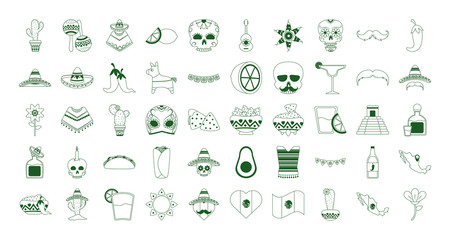 cinco de mayo mexican celebration festive party national icons set line style icon