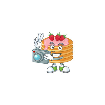 Strawberry cream pancake photographer mascot design concept using an expensive camera