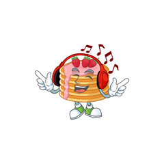 Cartoon mascot design strawberry cream pancake enjoying music with headset
