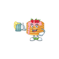 Happy strawberry cream pancake mascot style toast with a glass of beer