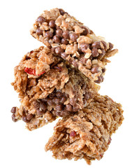 Cereal bars with chocolate, banana and strawberries isolated