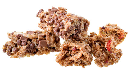 Cereal bars with chocolate, banana and strawberries isolated