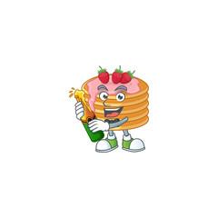 Mascot cartoon design of strawberry cream pancake making toast with a bottle of beer