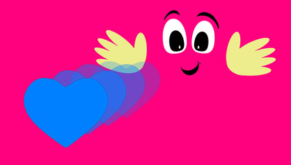 Fuchsia colored background. Joyful graphic. Sending a virtual hug. Heart illustration. Face with expression, smile. Colorful.