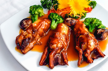 Roasted Goose Leg  Red Sauce In a white plate