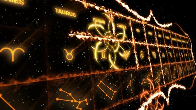 Magnificent 3d rendering of twelve horoscope symbols placed in a golden tablet with a network put askew in the black sky with shining figures and stars