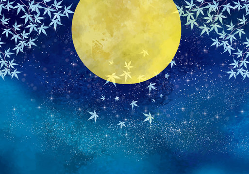 満月：スーパームーン　満月　名月　夜空　星空　星　水彩　手描き　天体　天体観測