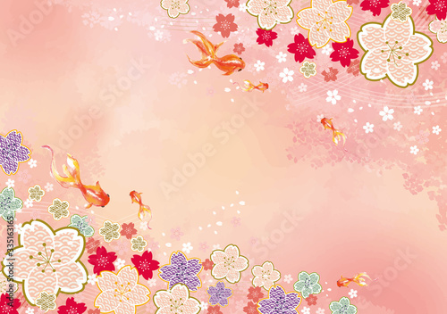 桜 金魚 和風 アート 背景素材 背景 水彩 手書き 泳ぐ アクアリウム 魚 Wall Mural Okaka08