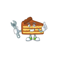 A mechanic chocolate slice cake mascot character fix a broken machine