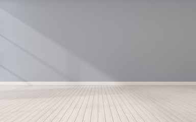 Mock-up of empty room and wood laminate floor with sun light cast the shadow on the wall,Perspective of minimal interior design. 3D rendering
