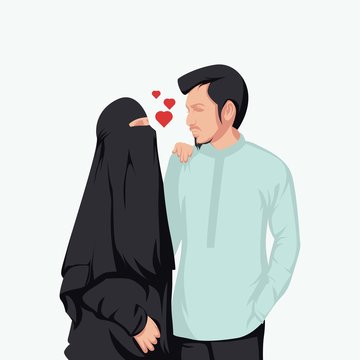 illustration of a Muslim couple in love. niqab woman illustration falling in love with husband