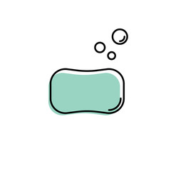 Green soap vector icon. Cute soap bar with bubbles isolated on white background. Minimalist linear vector illustration.