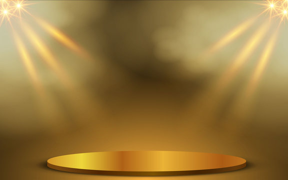 Golden Podium With Smoke And Spotlight  On The Stage