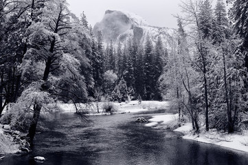 Monochrome of Half Dome with snow covered trees along the Merced River in Yosemite Valley