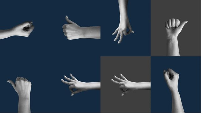 Amazing 3d rendering of female hands showing high-five, ok, and thumb up symbols in the changing colorful squares used like a background.