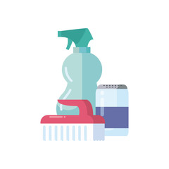 brush spray bottle and detergent box flat style icon vector design