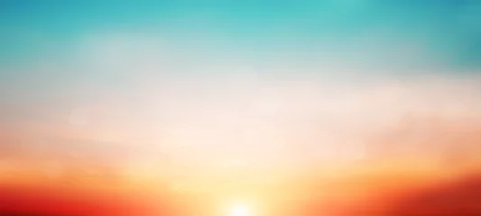 Rolgordijnen Vervaag pastelkleuren gradiënt zonsondergang achtergrond op zachte natuur zonsopgang rustige ochtend strand buiten. hemelse geestweergave op een resortdek dat zonneschijn, luchtzomerwolken aanraakt. © apichart