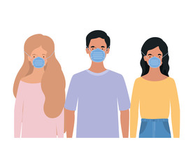 Fototapeta premium Avatar women and man with medical masks vector design