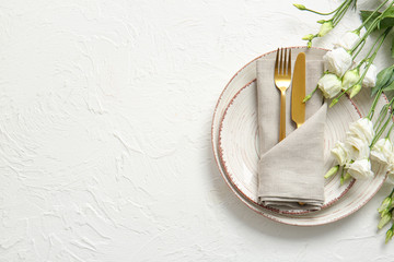 Beautiful table setting on light background