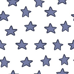 Hand drawn stars seamless pattern on white background. Chaotic elements. Design for fabric, textile print, wrapping paper, childish textiles. Doodle vector illustration.