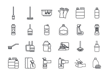Cleaning service line style icon set vector design