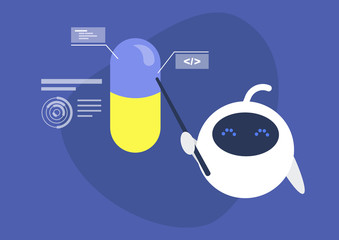 Cute robot holding a pointer, biotech robotics, medical startup, vitamins and drugs, new product presentation