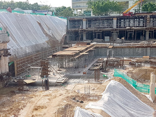 Building substructure and super-structure under construction using the open-cut method. It is...