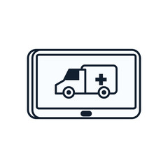 Ambulance with cross inside tablet line style icon vector design